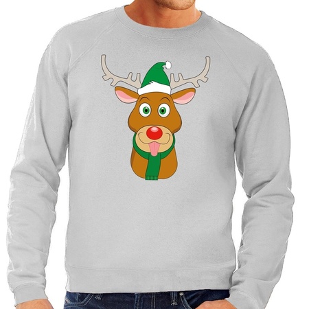 Christmas sweater Rudolph with green X-mas hat gray men