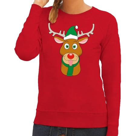 Christmas sweater Rudolph with green X-mas hat red woman