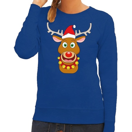 Christmas sweater Rudolph with red X-mas hat blue woman