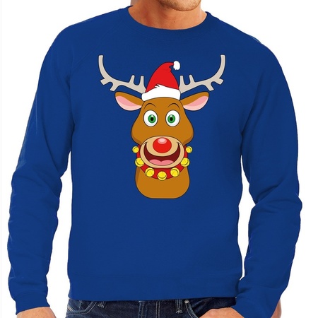 Christmas sweater Rudolph with red X-mas hat blue men