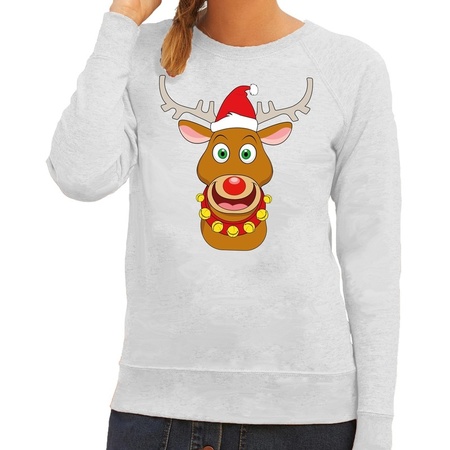 Christmas sweater Rudolph with red X-mas hat gray  woman