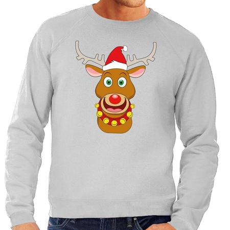 Christmas sweater Rudolph with red X-mas hat gray men