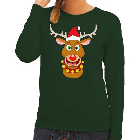 Christmas sweater Rudolph with red X-mas hat green woman