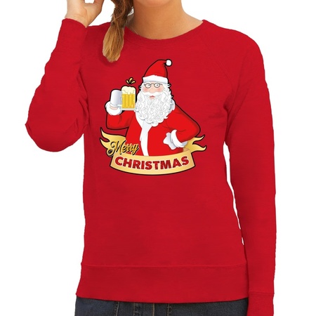 Christmas sweater red with Santa and a beer for women