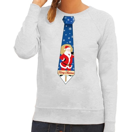 Christmas sweater with tie and santa gray for women