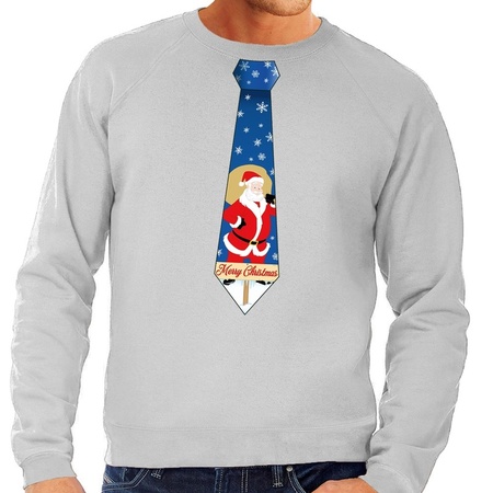 Christmas sweater with tie and santa gray for men