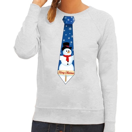 Christmas sweater with tie and snowman gray for women