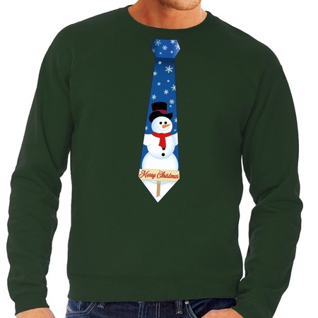 Foute kersttrui stropdas met sneeuwpop print groen voor heren