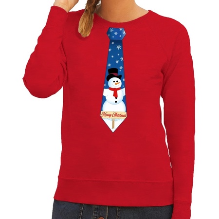 Christmas sweater with tie and snowman red for women