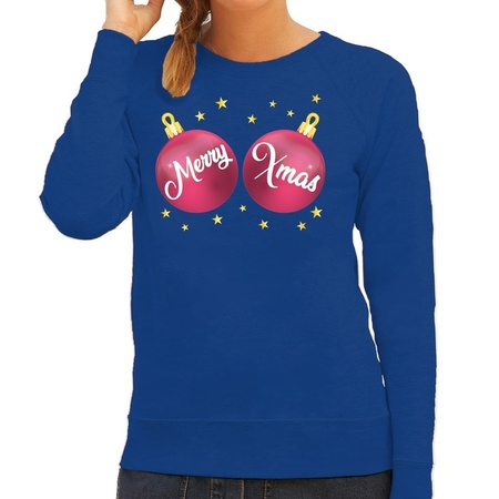 Foute kersttrui / sweater blauw met roze Merry Xmas voor dames