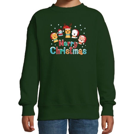 Foute kersttrui / sweater dieren Merry christmas groen kids
