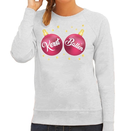 Christmas sweater grey with pink Kerst Ballen for women