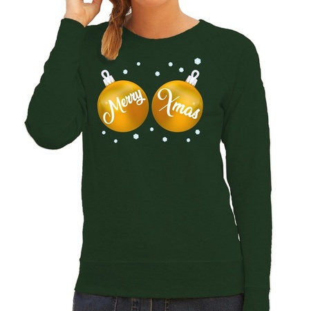 Foute kersttrui / sweater groen met gouden Merry Xmas voor dames