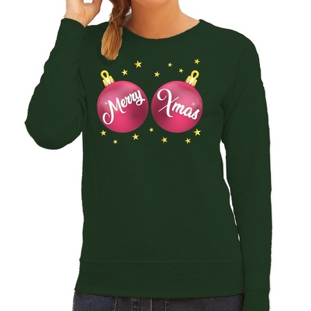 Foute kersttrui / sweater groen met roze Merry Xmas voor dames