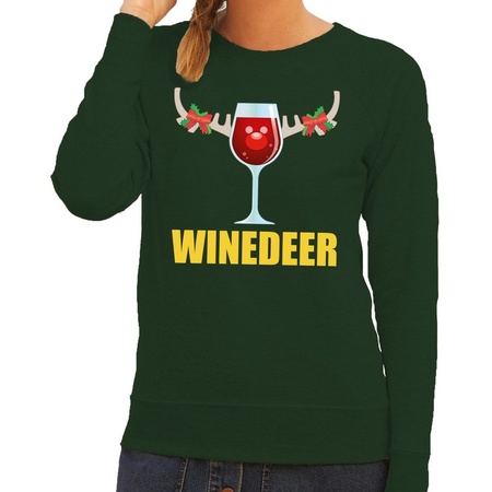 Foute kersttrui/sweater - wijn - Winedeer - groen - voor dames - kersttruien