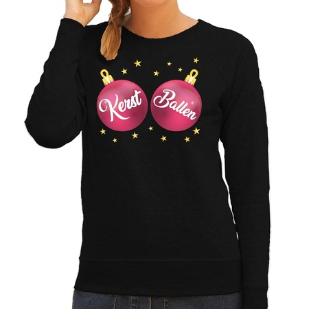 Foute kersttrui / sweater zwart met roze Kerst Ballen dames 