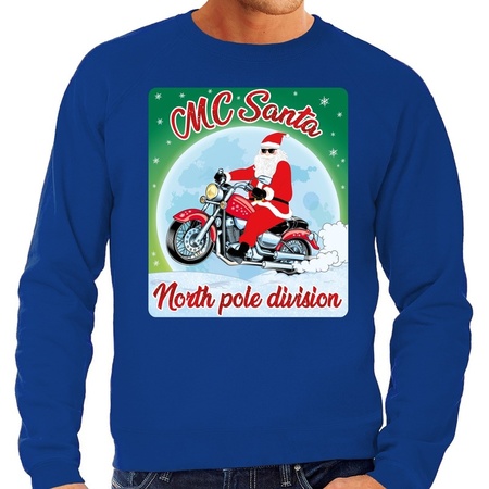 Foute Kersttrui voor motorliefhebbers MC Santa blauw voor heren