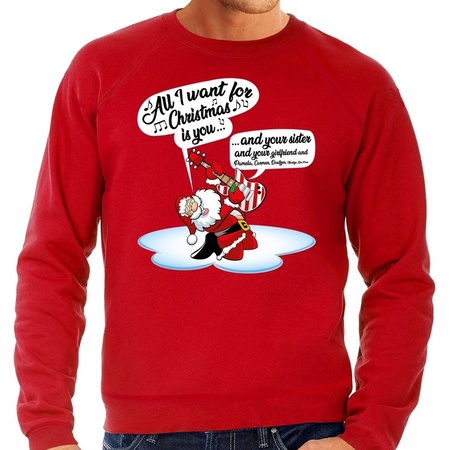 Christmas sweater singing santa with guitar red for men