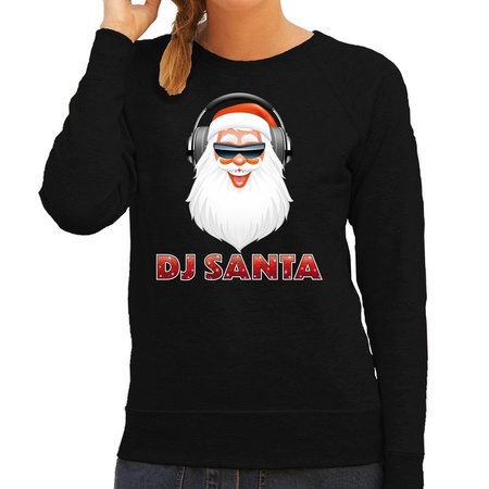 Christmas sweater black DJ Santa with headphones for women