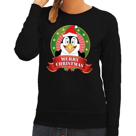 Merry Christmas black sweater penguin for ladies