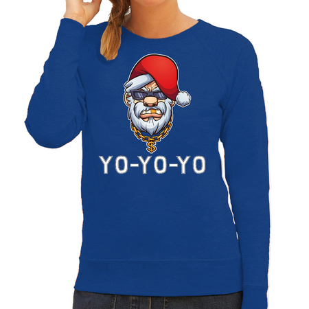 Gangster / rapper Santa Christmas sweater blue for women
