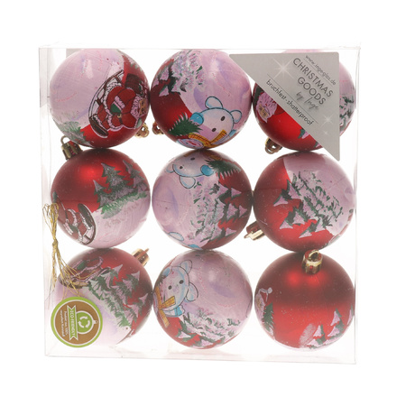 9x Red Christmas baubles 6 cm plastic with print