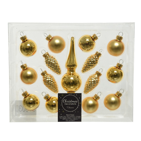 Gouden glazen kerstballen 3 cm en piek set voor mini kerstboom 15-dlg