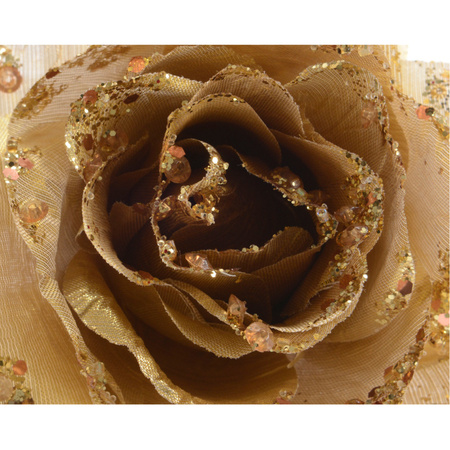 Gouden glitter roos met clip 14 cm