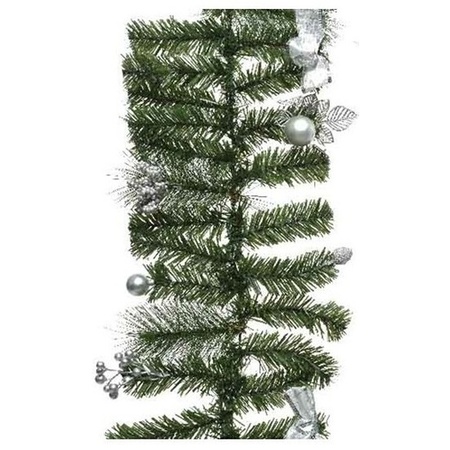 Green Christmas pine garland with silver decoration 180 cm