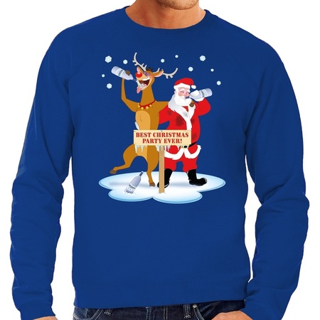 Big size Christmas sweater drunk Santa and Rudolph blue men