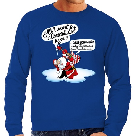Big size Christmas sweater singing santa with guitar blue men