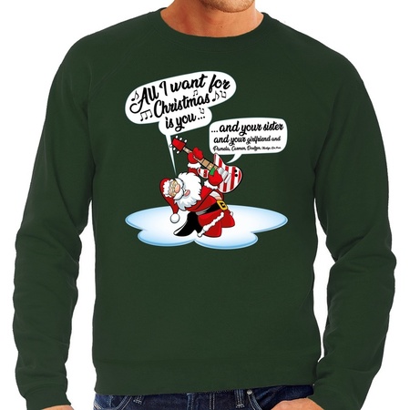 Big size Christmas sweater singing santa with guitar green men