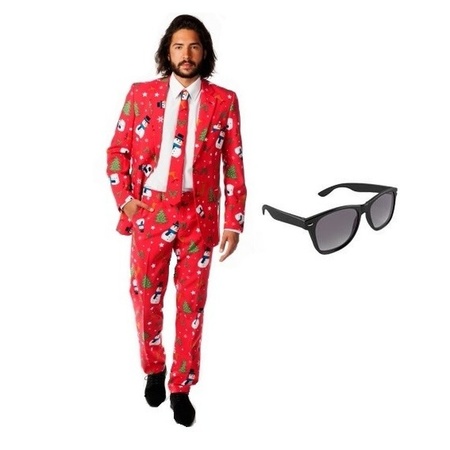 Heren kostuum met kerst print maat 52 (XL) met gratis zonnebril