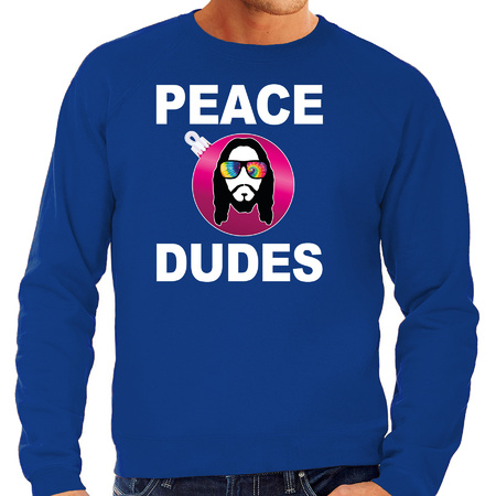 Hippie jezus Kerstbal sweater / Kerst outfit peace dudes blauw voor heren