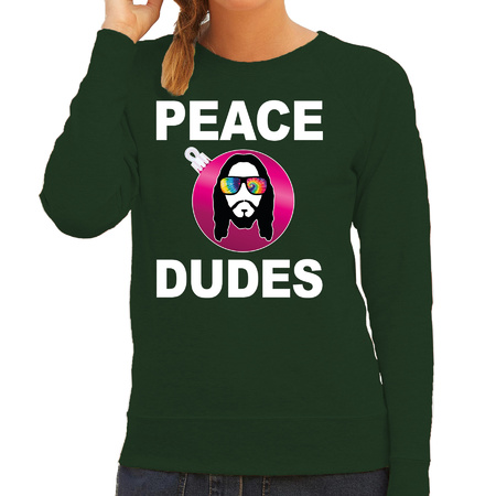 Hippie jezus Kerstbal sweater / Kerst outfit peace dudes groen voor dames