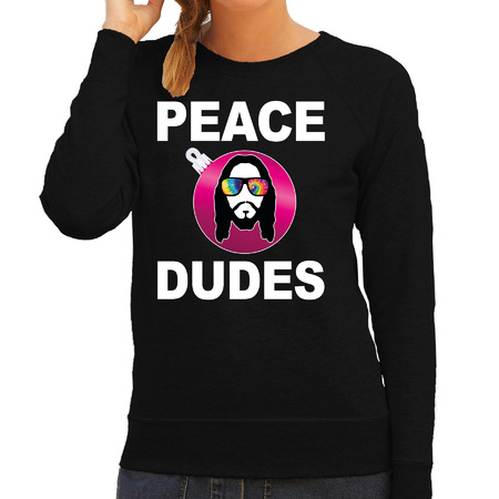 Hippie jezus Kerstbal sweater / Kerst outfit peace dudes zwart voor dames