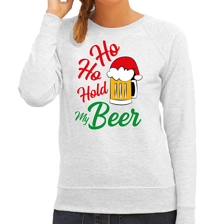 Ho ho hold my beer fout Kerstsweater / outfit grijs voor dames