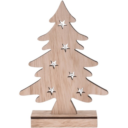 Houten kerstboompje decoratie 28 cm met LED verlichting