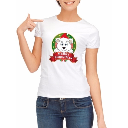 IJsbeer Kerst t-shirt wit Merry Christmas voor dames