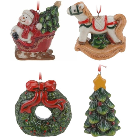 Keramiek kerstboom hangers setje van 4x stuks ornamenten/figuren 8 cm