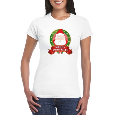 Kerst t-shirt met Kerstman wit Merry Christmas voor dames