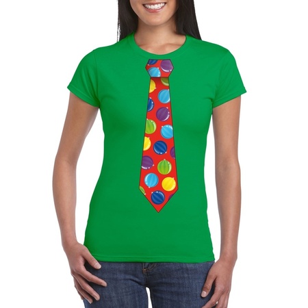 Kerst t-shirt stropdas met kerstballen print groen voor dames