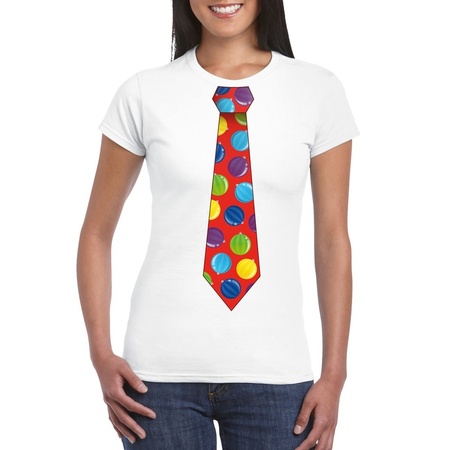 Christmas t-shirt with christmas balls tie white for women