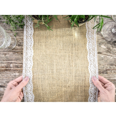 Christmas theme burlap table runner 28 x 275 cm with white lace