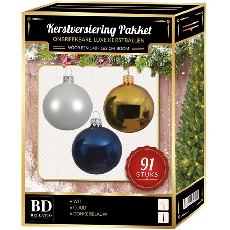 Christmas baubles 91-pcs for 150 cm tree white/gold/dark blue