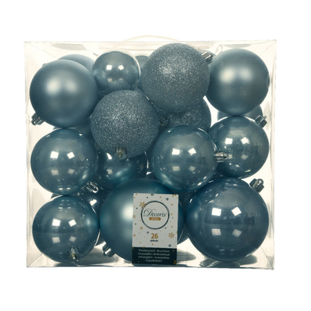 Kerstballen - 26x st - lichtblauw - 6-8-10 cm - kunststof - kerstversiering