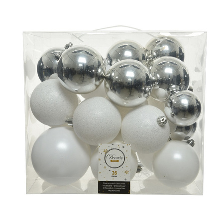 26x Plastic baubles white-silver mix 6, 8, 10 cm