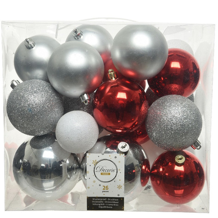 26x Plastic baubles silver-red-white mix 6, 8, 10 cm