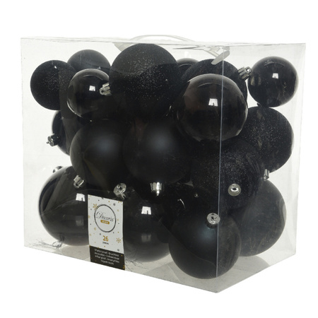 Kerstballen - 26x st - zwart - 6, 8 en 10 cm - kunststof - mat/glans - kerstversiering