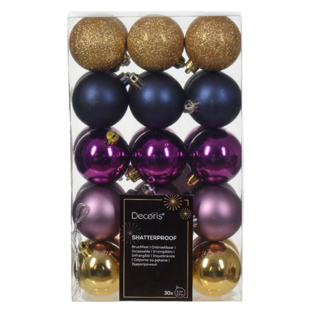 Kerstballen - 30x - kunststof - goud/donkerblauw/paars - 6 cm